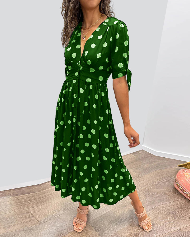 Women's Midi Dress - V-Neck - Tieable Half-Sleeves - Fitted A-Line - Elegant Polka Dot Pattern