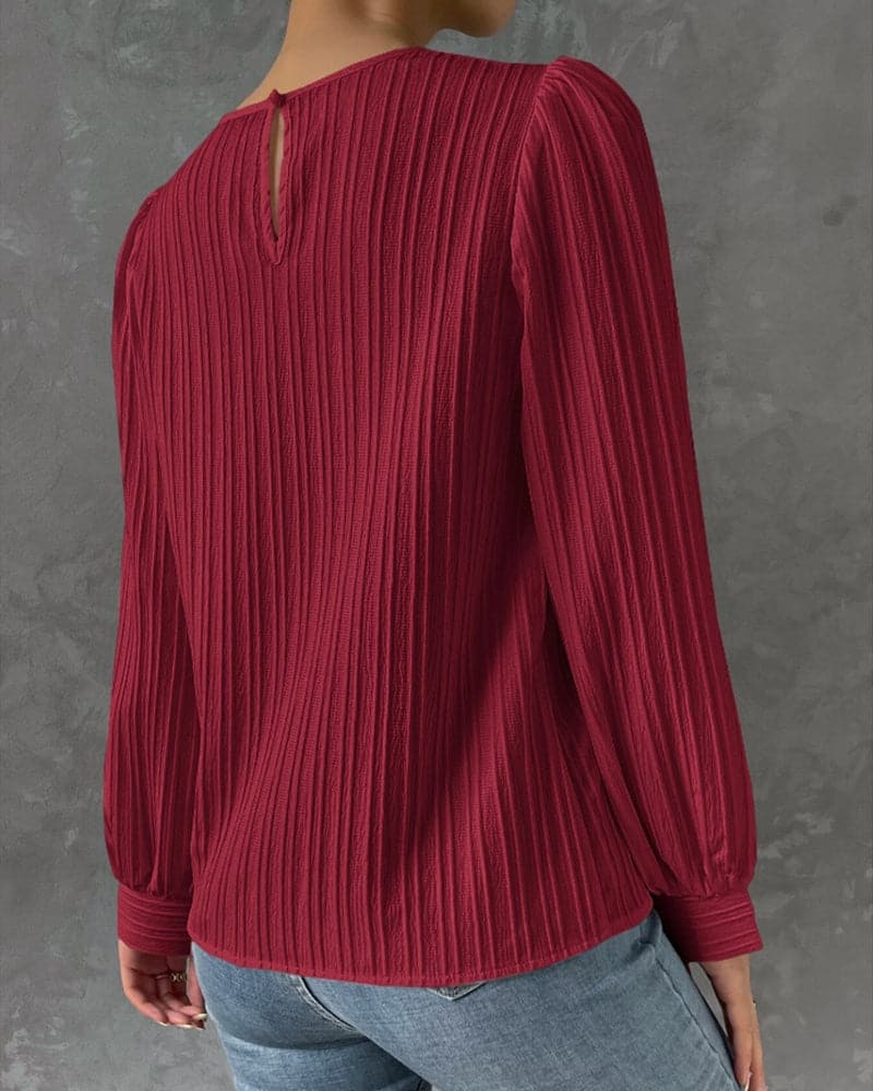 Women's Blouse - Long Sleeved with Puff Sleeves - Textured Pleated Design - Round Neck