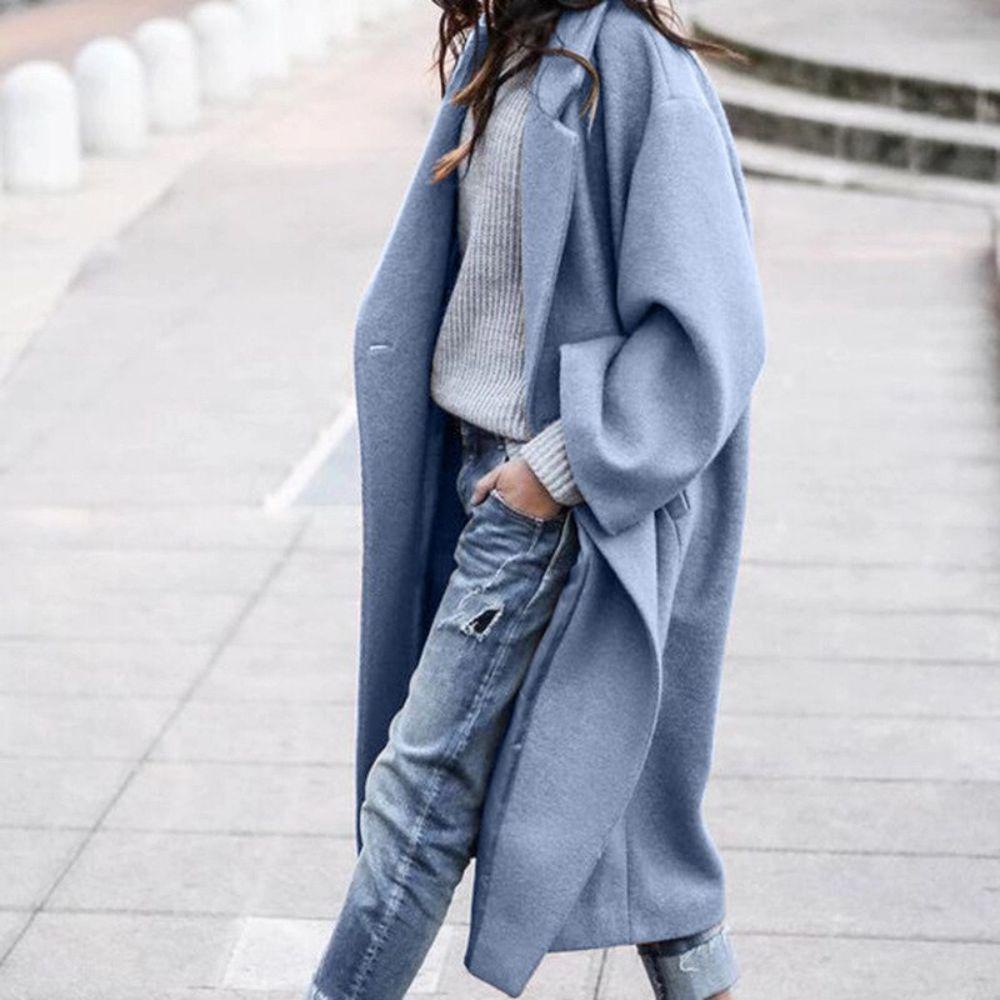 Women's Coat - Oversized Wool Blend - Long with Large Lapels - Open Front