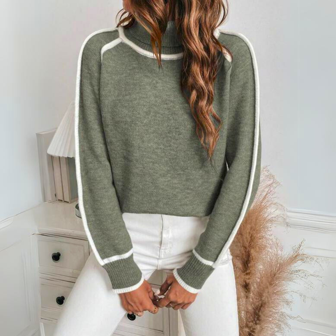 Women's Turtleneck Sweater - Relaxed Fit - Long Sleeves - Contrast Details