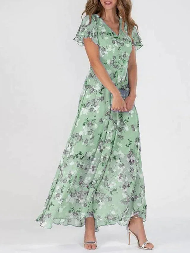 Dame Maxi Kjole - Blomstermønster - V-Hals - Korte Flutter Ærmer - Let og Luftig