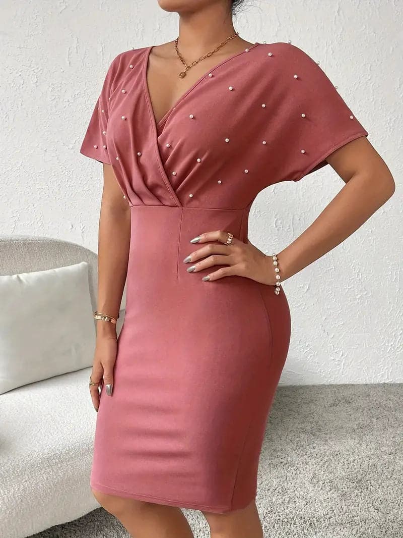 Women's Wrap Dress - Elegant Bodycon Fit - V-Neck & Pearl Details - Knee Length