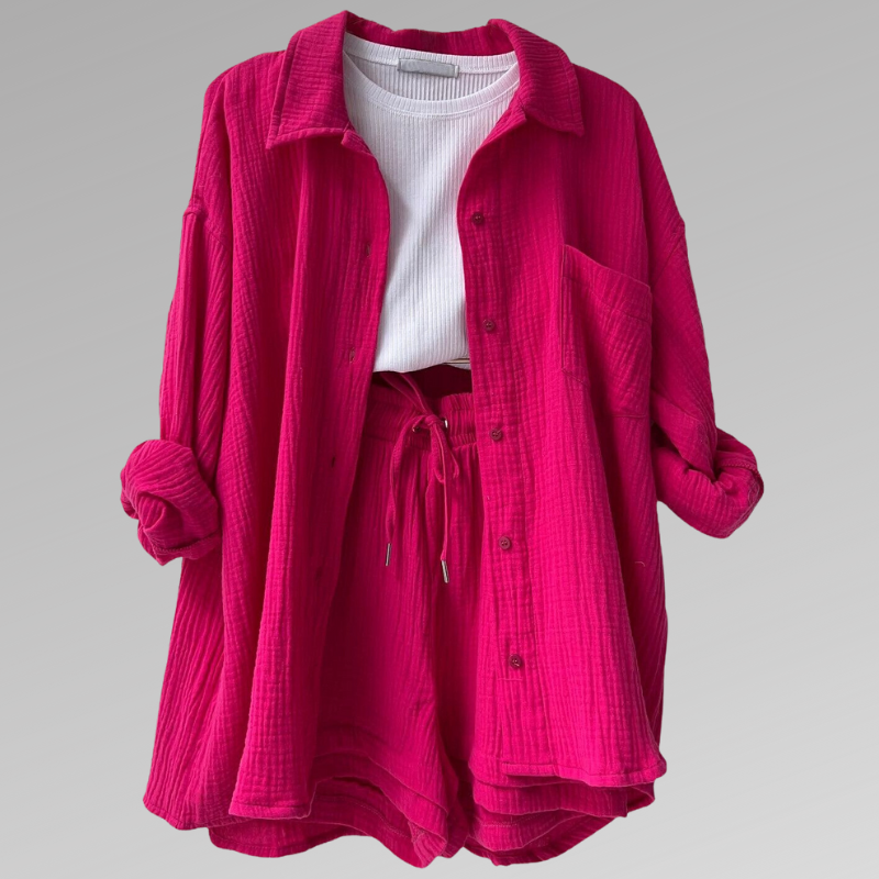 Women's Set - Soft Cotton - Button-Up Shirt & Elastic Shorts - Relaxed Fit