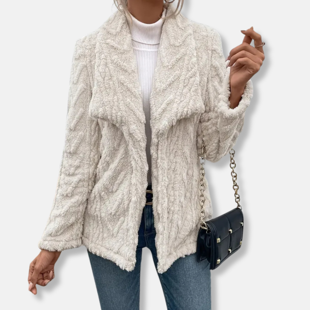 Women's Fleece Jacket – Relaxed Fit – Shawl Collar – Open Front – Hip Length