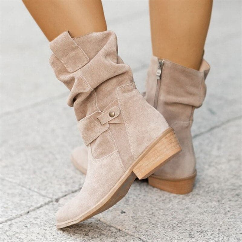 Women's Boots - Mid-Calf Slouchy Design - Genuine Suede - Flat Comfortable Sole