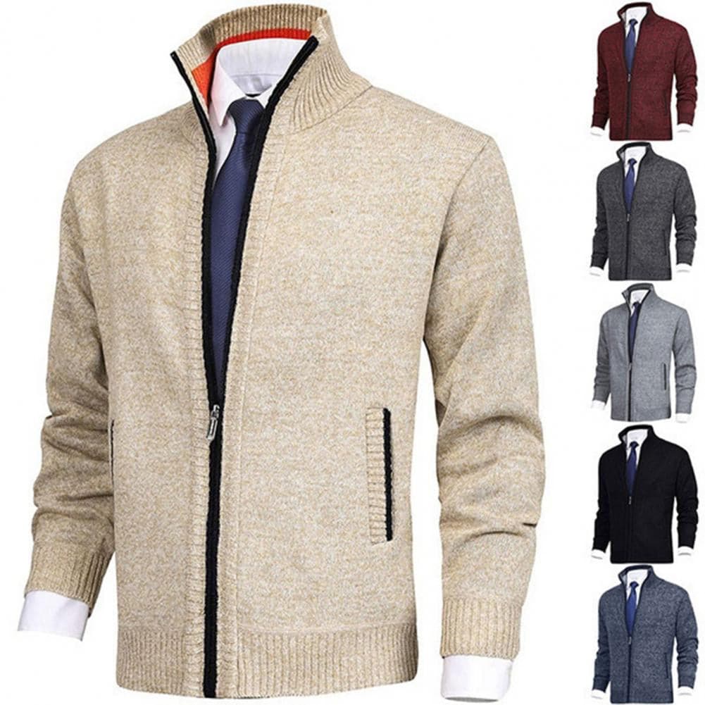 Men's Knit Cardigan - High Collar - Zipper Closure - Ribbed Edge - Comfortable Fit