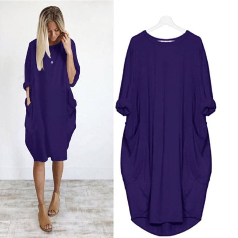Women's Midi Dress – Relaxed Fit – Round Neck – Lightweight and Breathable – With Side Pockets