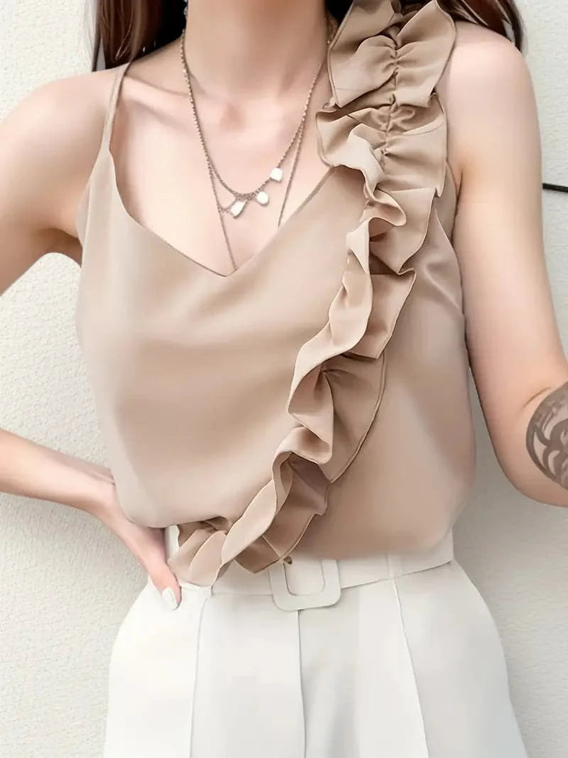 Women's Top - Sleeveless V-neck - Spaghetti Straps - Asymmetric Ruffle Detail