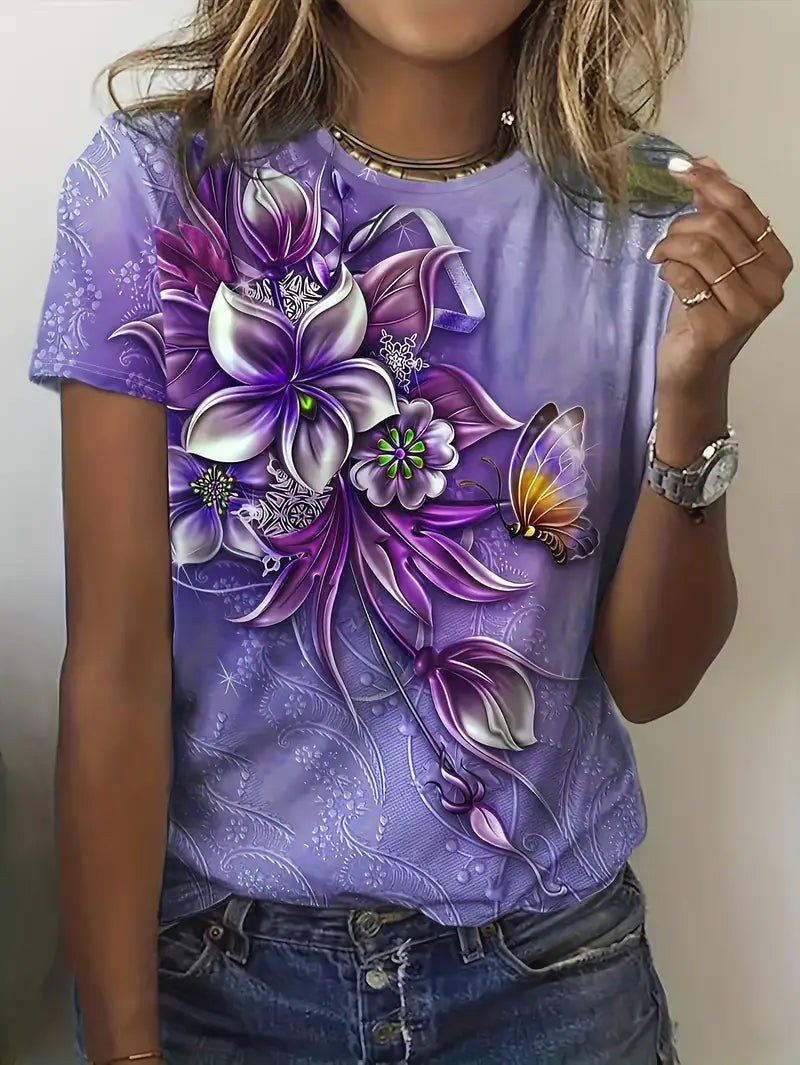 Dame T-shirt - Kort Ærme - Rund Hals - Blomster & Sommerfugl Design - Afslappet Pasform