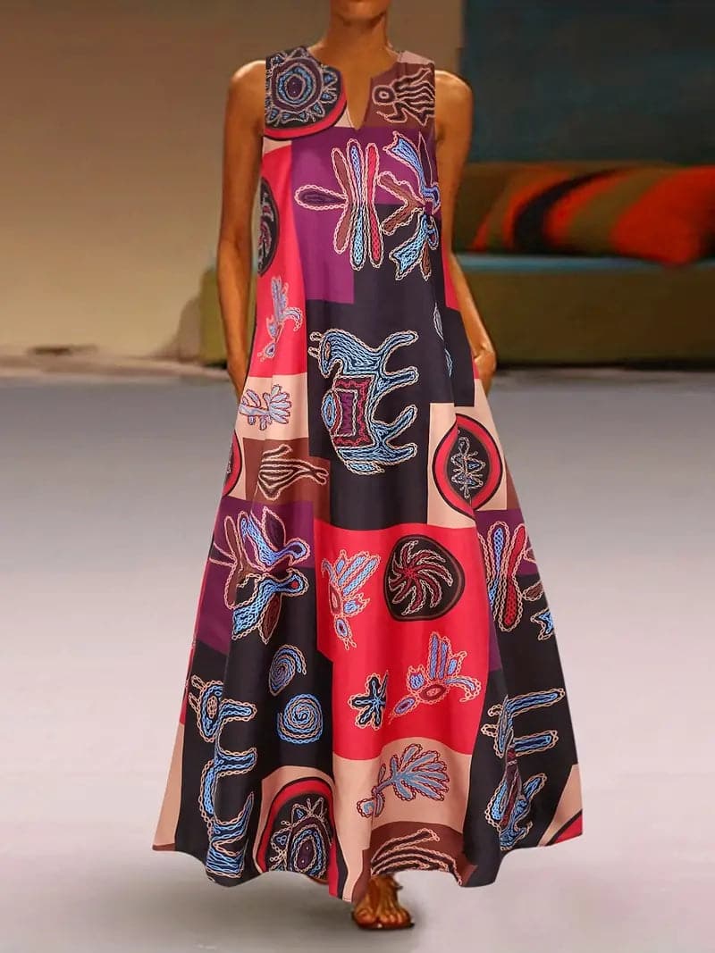 Women's Maxi Dress - Sleeveless Loose Fit - Round Neck - Elegant Abstract Pattern