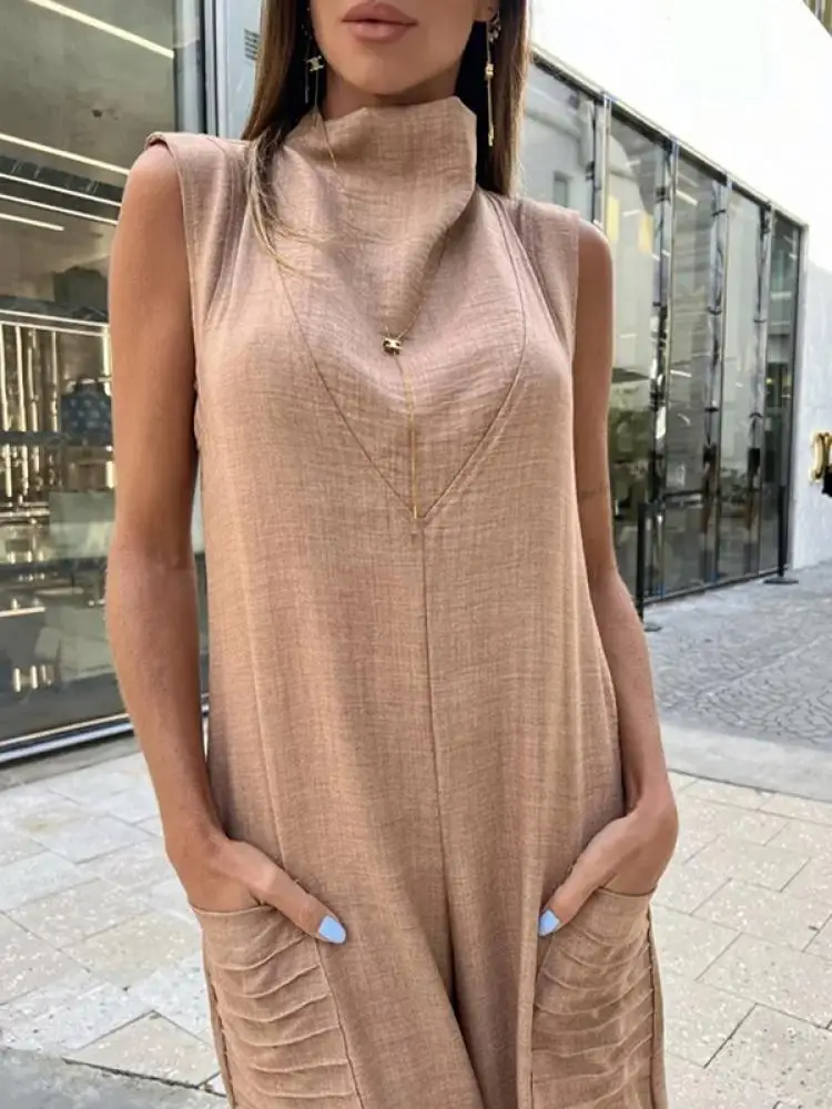 Dame Jumpsuit - Ærmeløs - Høj Hals - Vidde Ben - Letvægts Stoff - Afslappet Pasform