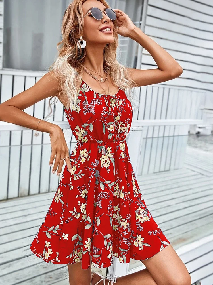Dame Sommerkjole – Ærmeløs – Let Vægt – Flæsekant – Figursyet Talje – Blomsterprint