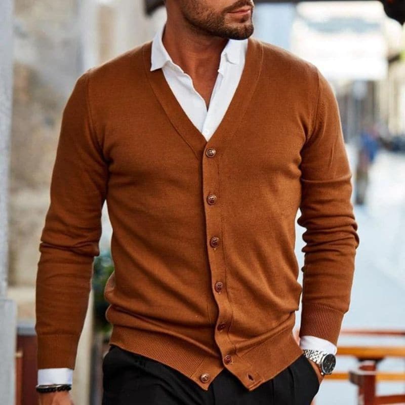 Herre Cardigan - V-hals - Knaplukning - Strikket med Ribkant - Stilren Regular Fit