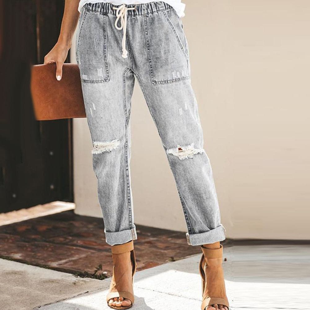 Women's Jogger Jeans - Elastic Waist with Drawstring - Relaxed Fit - Raw Details & Turn-Up