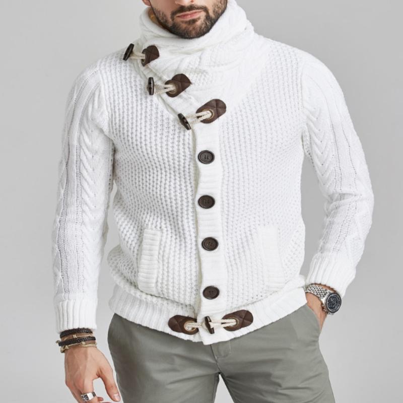Herre Striktrøje - Høj Krave med Knapper - Kabelstrik - Slim Fit med Frontlommer