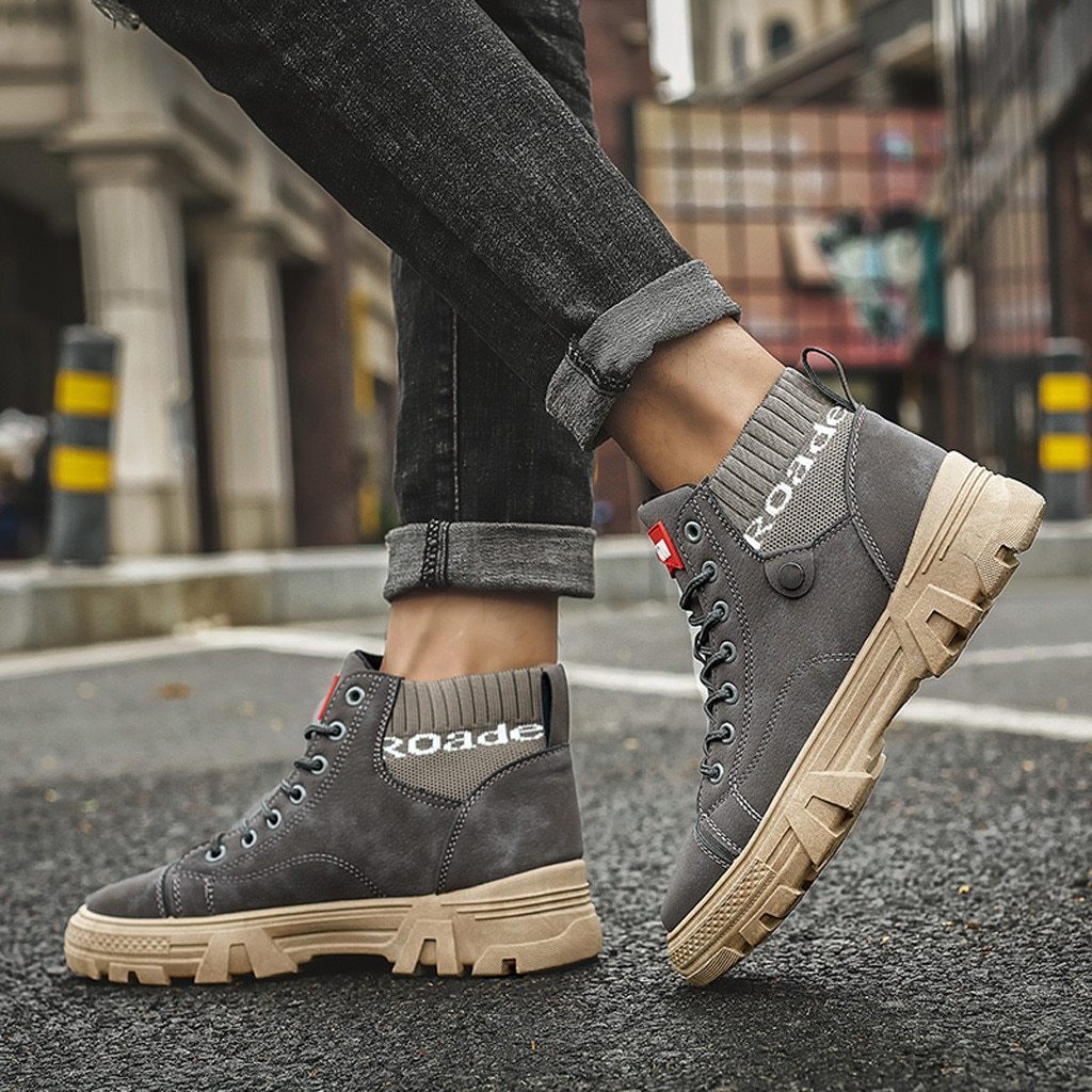 Men's High Sneakers - Durable Sole - Lace-Up Closure - Ribbed Ankle Cuff - Casual Look