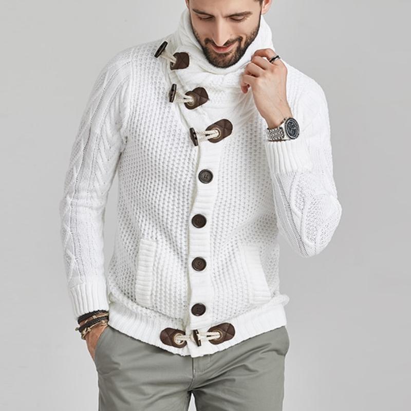 Herre Striktrøje - Høj Krave med Knapper - Kabelstrik - Slim Fit med Frontlommer