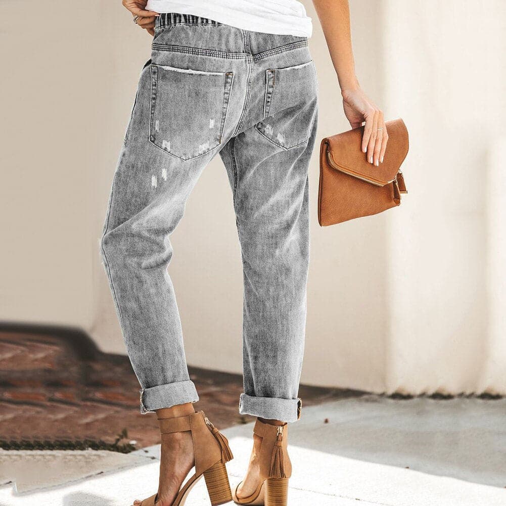 Women's Jogger Jeans - Elastic Waist with Drawstring - Relaxed Fit - Raw Details & Turn-Up