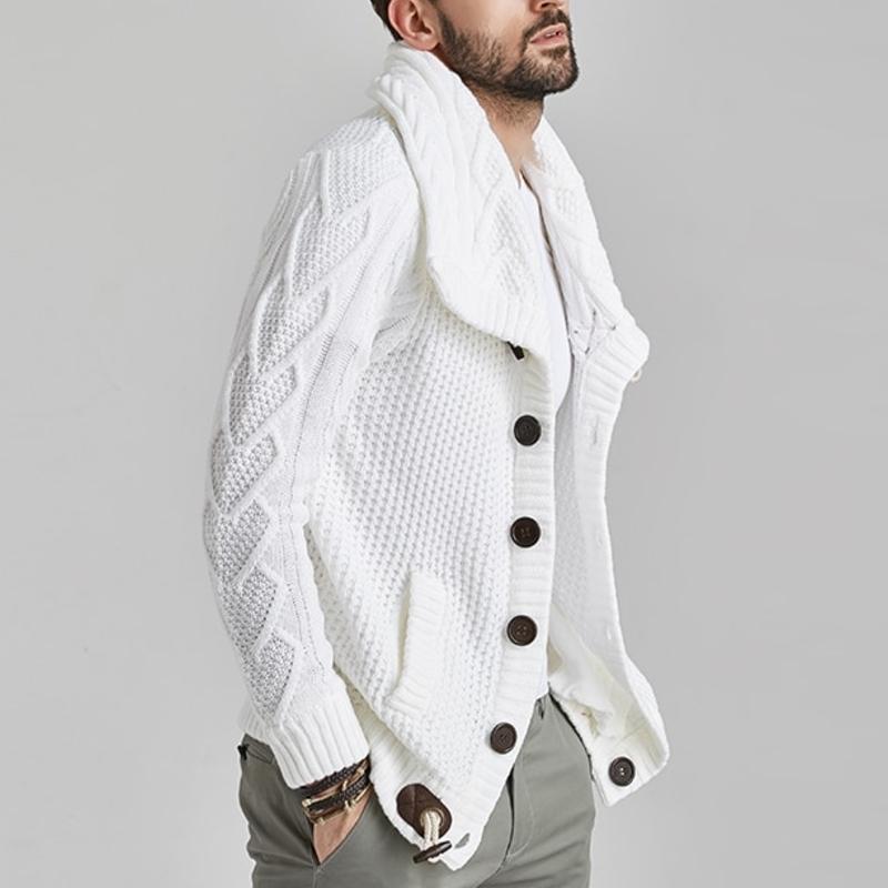 Herre Striktrøje - Høj Krave med Knapper - Kabelstrik - Slim Fit med Frontlommer