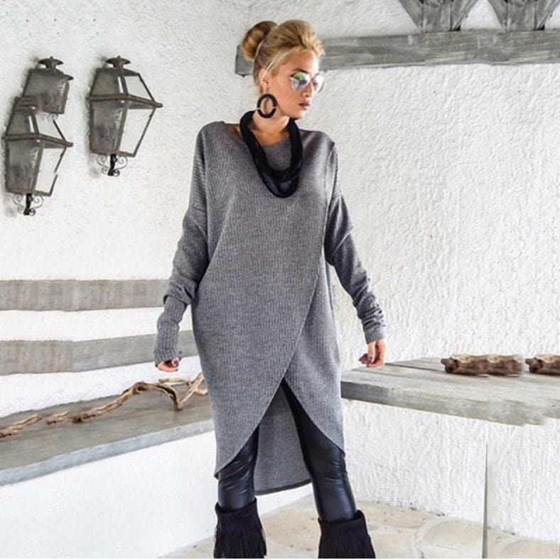 Women's Knit Sweater - Oversized Fit - Asymmetric Hem - Soft and Warm