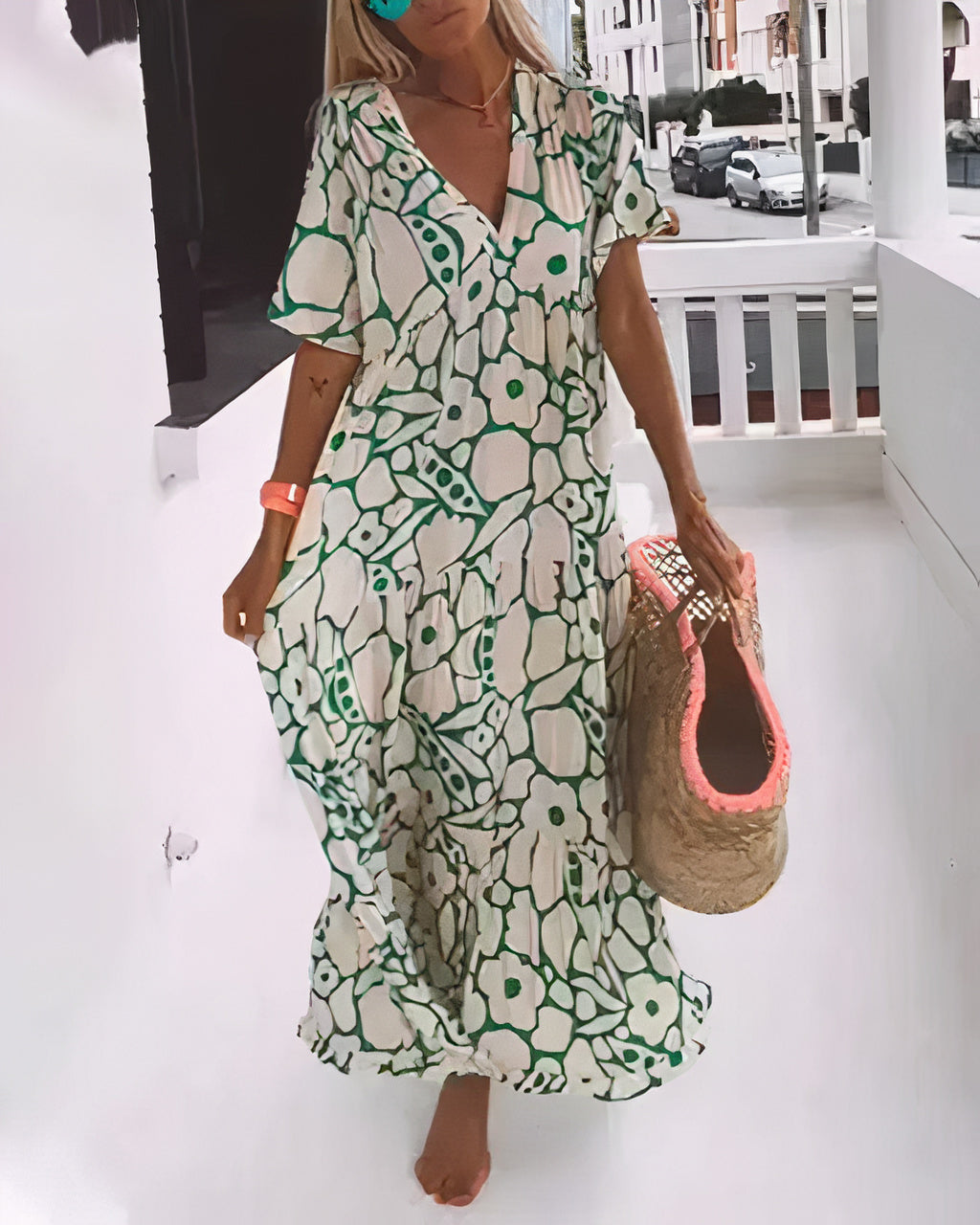 Women's Maxi Dress – Relaxed Fit – Short Sleeves – Light and Breathable Fabric – Deep V-Neck