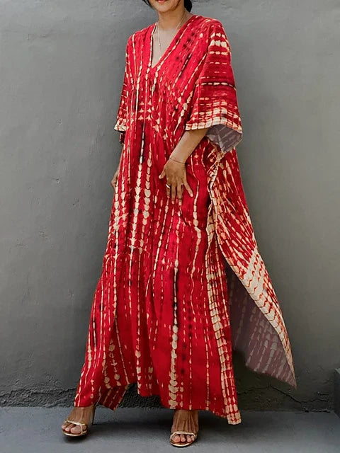 Dame Kaftankjole - Lang Løs Pasform - V-Hals - Boheme Tie-Dye - Let og Luftig