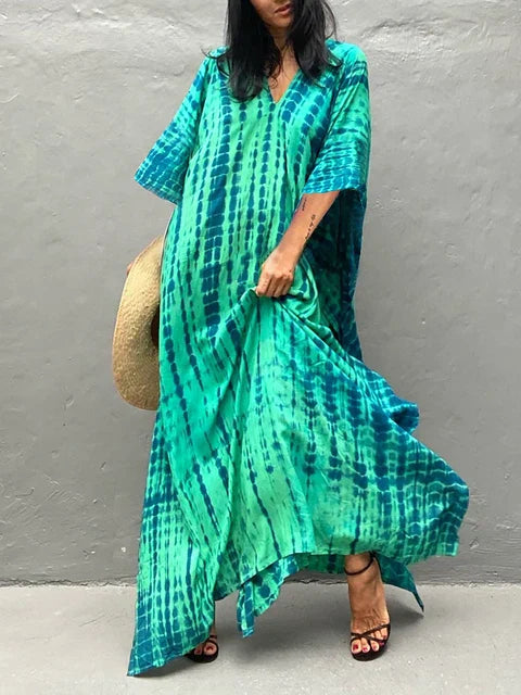 Dame Kaftankjole - Lang Løs Pasform - V-Hals - Boheme Tie-Dye - Let og Luftig