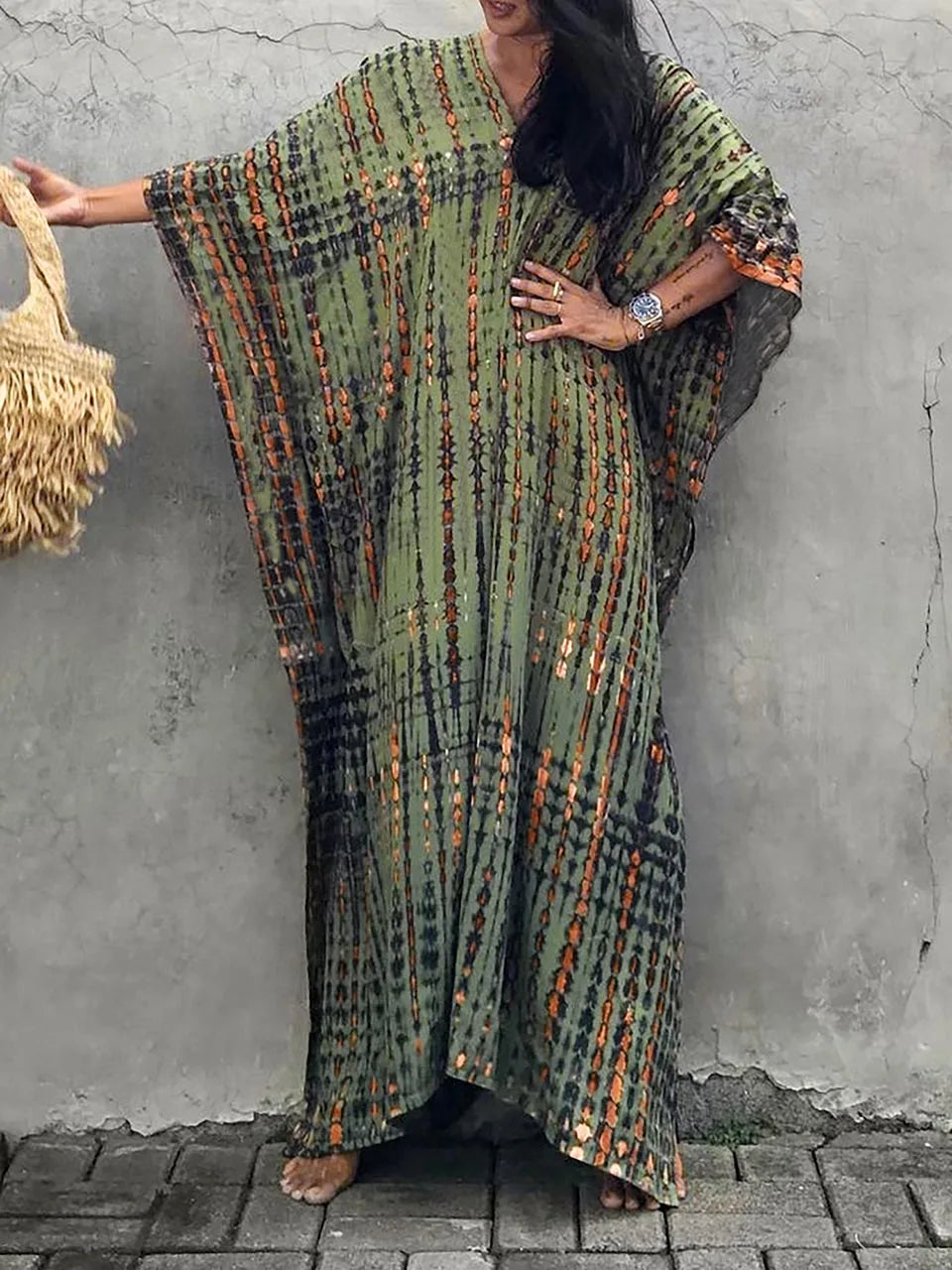 Dame Kaftankjole - Lang Løs Pasform - V-Hals - Boheme Tie-Dye - Let og Luftig