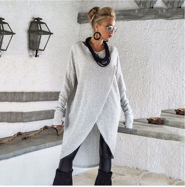 Women's Knit Sweater - Oversized Fit - Asymmetric Hem - Soft and Warm