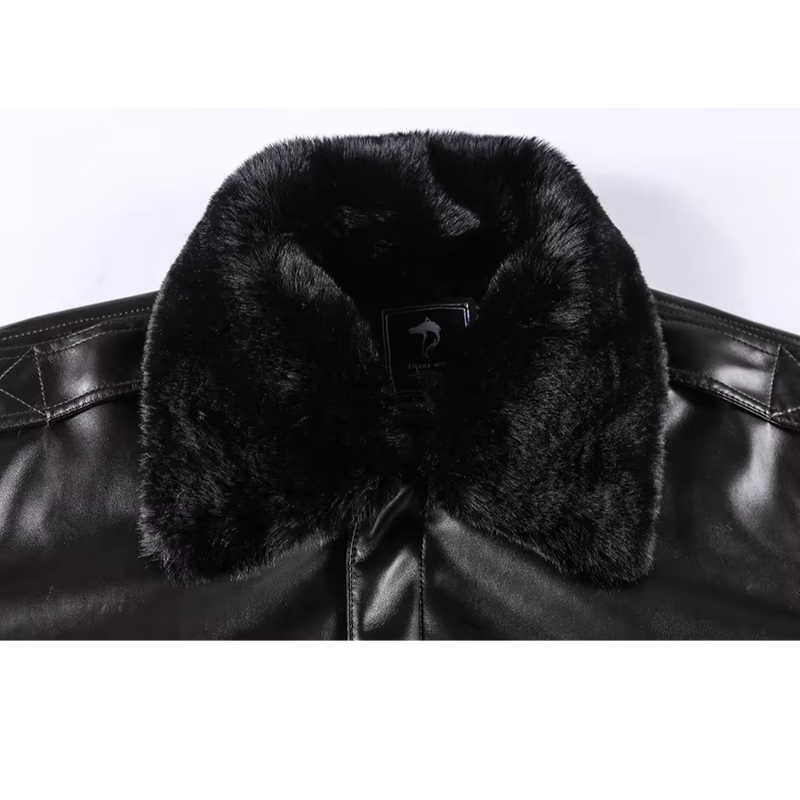 Men's Leather Jacket – Regular Fit – Zipper – Flap Pockets – Ribbed Cuffs – Fur Collar