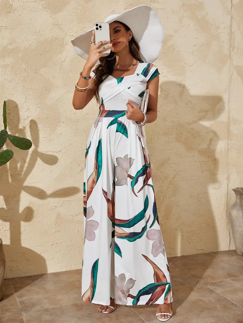 Kvindedragt - Ærmeløs med Brede Stropper - Omslagseffekt - Brede Ben - Let og Elegant