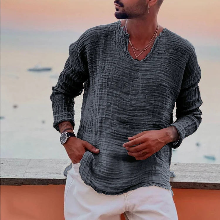 Men's Shirt with V-Neck – Long-Sleeved – Relaxed Fit – Airy Crinkled Texture