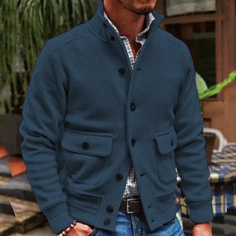 Men's Jacket - Structured Design - High Collar - Button Closure - Ribbed Texture - Practical Pockets