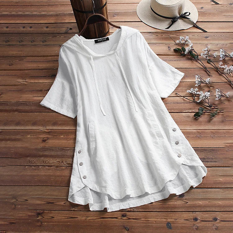 Women's T-shirt – Relaxed Fit – Round Neck – Button Detail – Light and Breathable