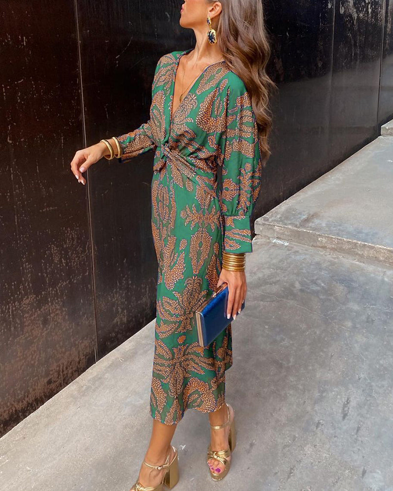 Dress for Women - Long-Sleeved V-Neck - Midi Length with Knot Detail - Elegant Fit