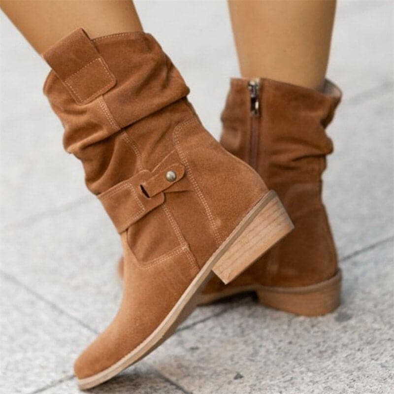 Women's Boots - Mid-Calf Slouchy Design - Genuine Suede - Flat Comfortable Sole