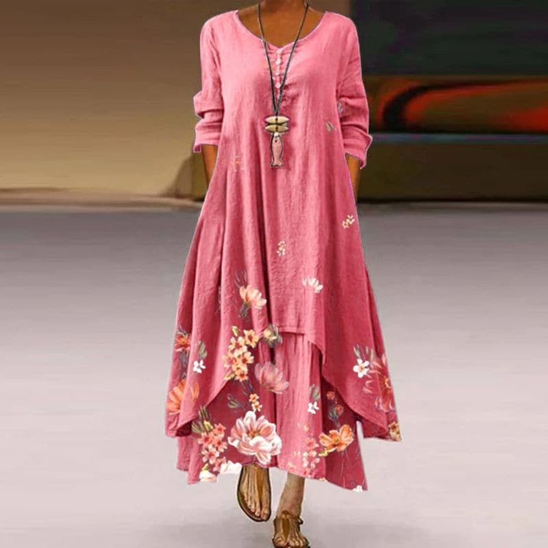 Women's Maxi Dress - Loose Fit - V-Neck with Buttons - Floral Lightweight Design