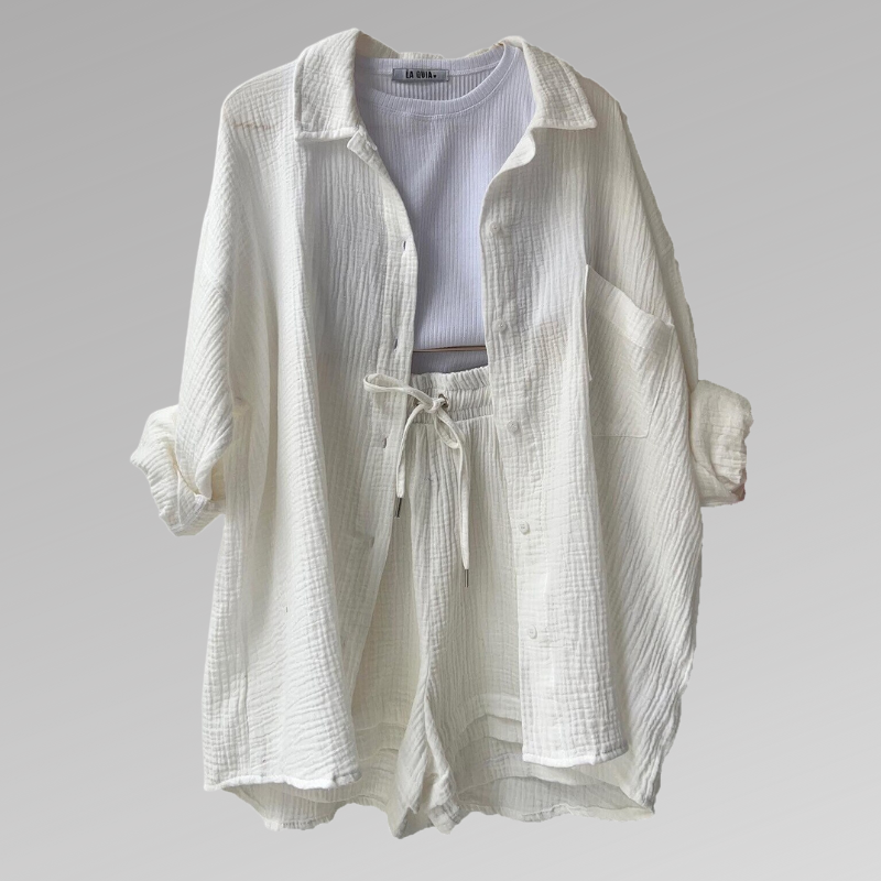Women's Set - Soft Cotton - Button-Up Shirt & Elastic Shorts - Relaxed Fit