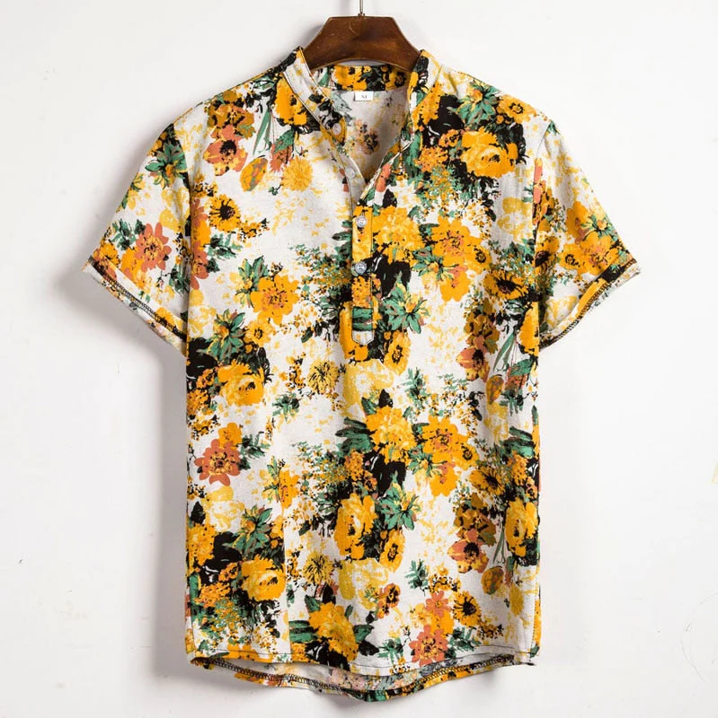 Men's Shirt with Short Sleeves – Relaxed Fit – Breathable Fabric – Mandarin Collar – Floral Pattern