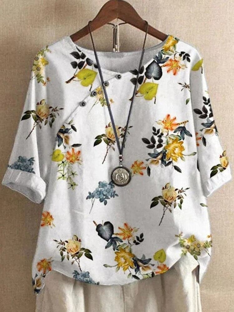 Dame Bluse - Blomsterprint - Afslappet Pasform - Rund Hals - Knapdetaljer