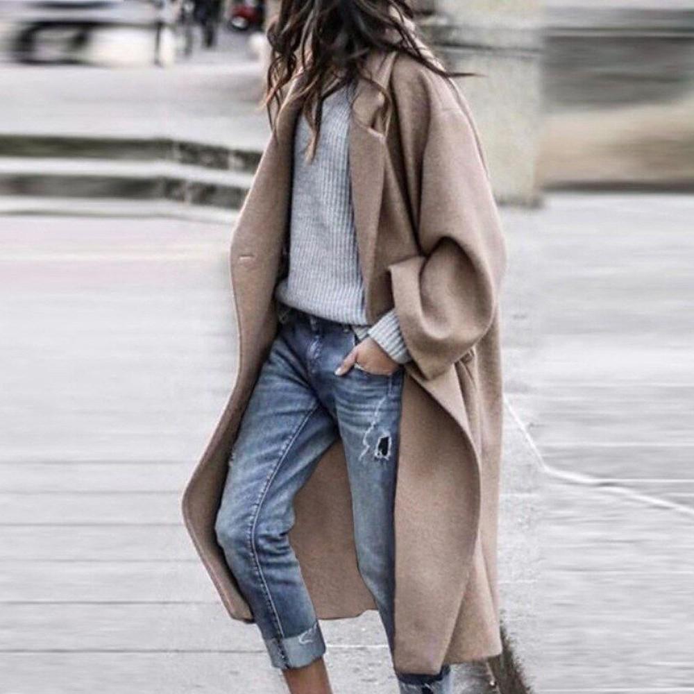 Women's Coat - Oversized Wool Blend - Long with Large Lapels - Open Front