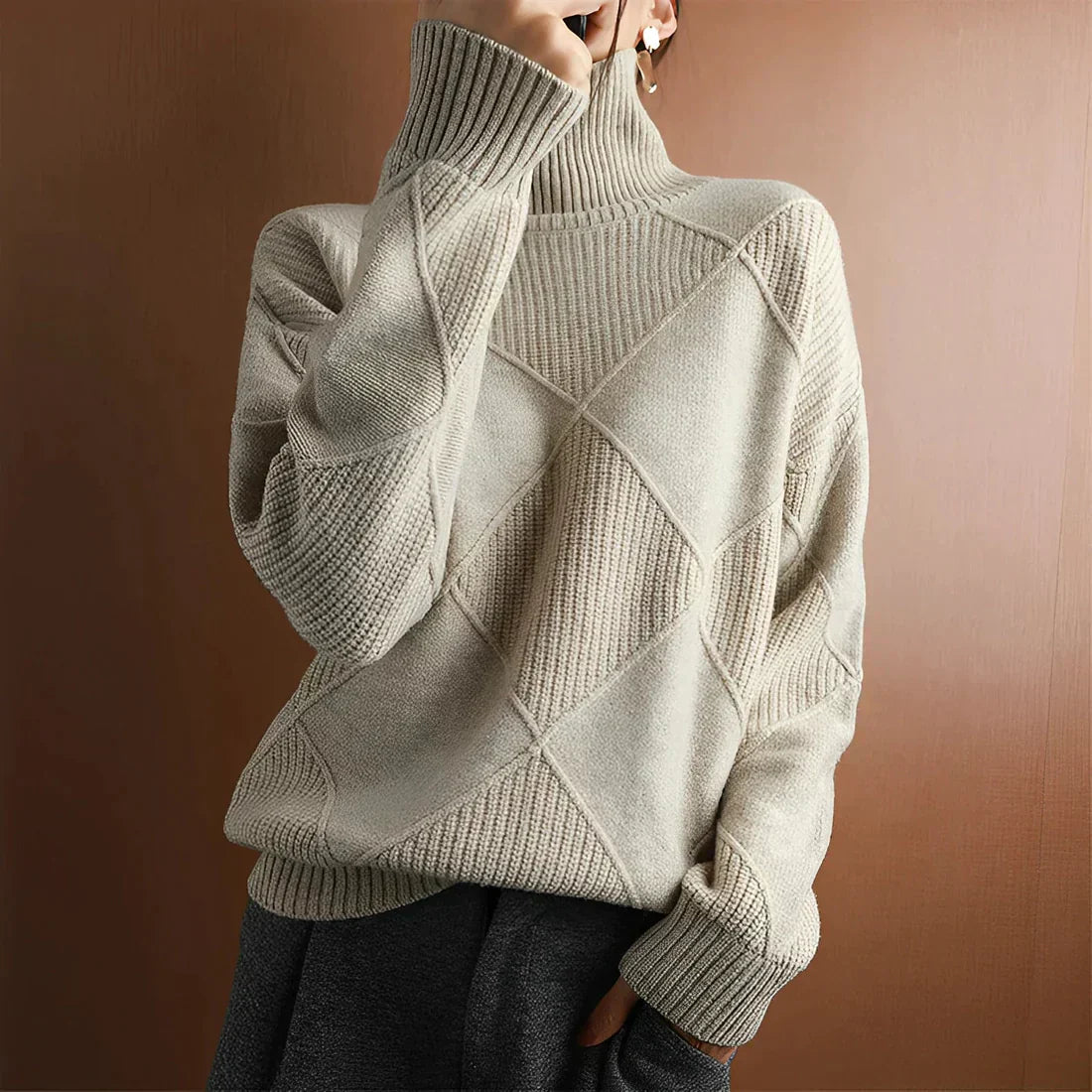 Women's Pullover Sweater – Oversize Fit – High Neck – Ribbed Knit Structure
