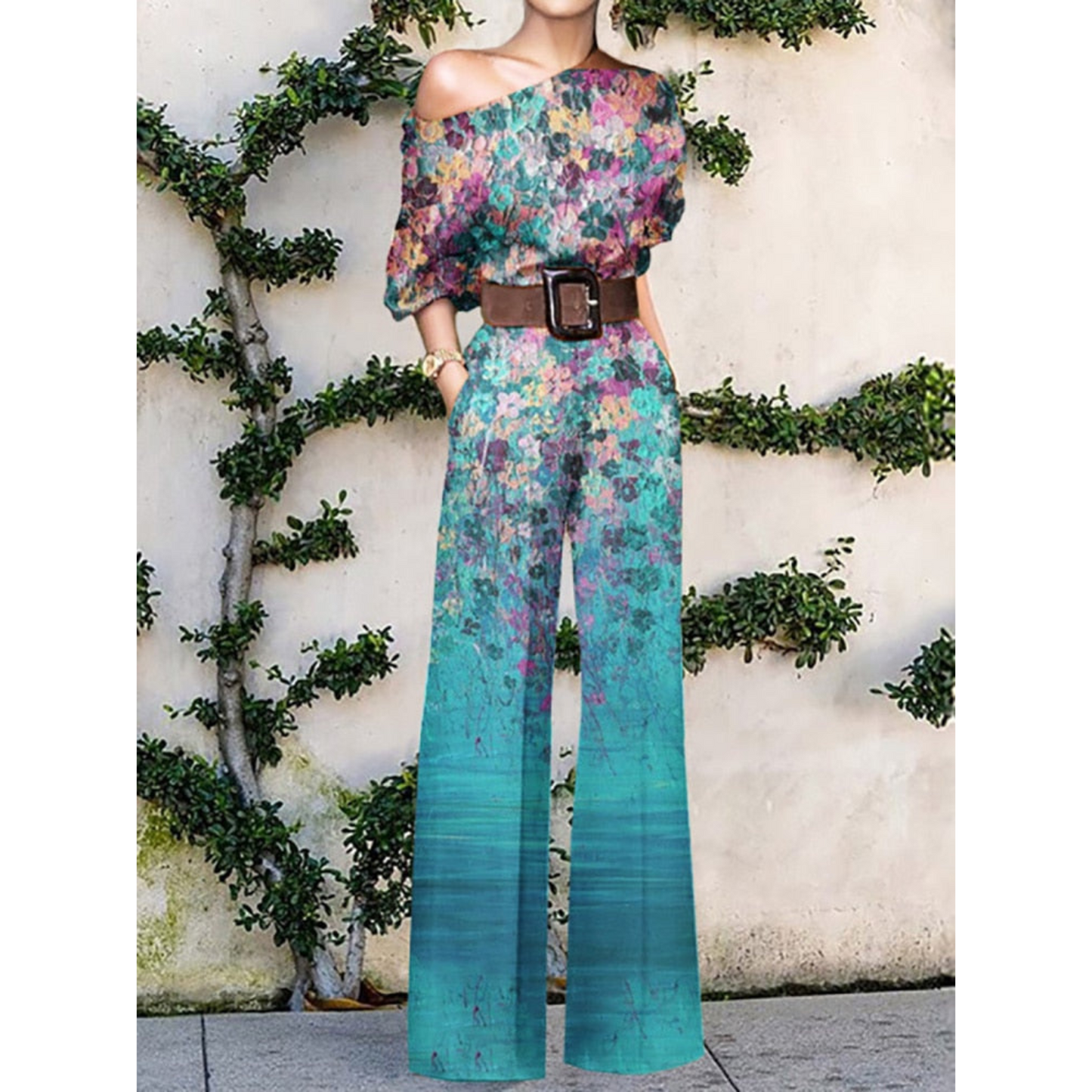 Dame Jumpsuit – Én Skulder – Sommerfugl Mønster – Løs Pasform – Bælte i Taljen