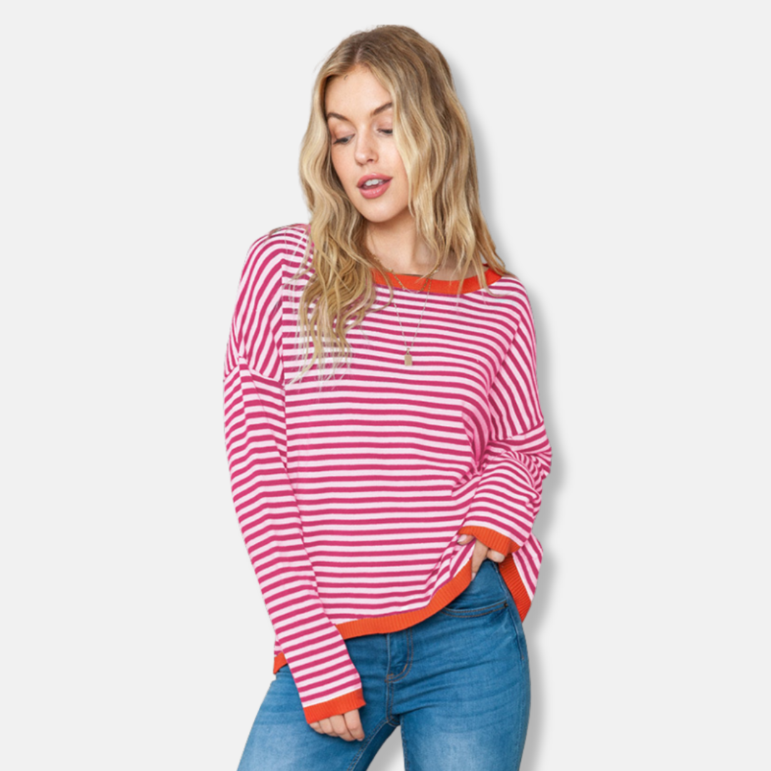 Sophia Cotton Relaxed Fit Sweater | Boat Neck Striped Sweater