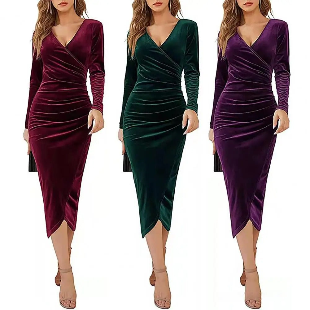 Women's Bodycon Dress - Velvet - V-neck Wrap - Long Sleeve Midi - Elegant Slim Fit