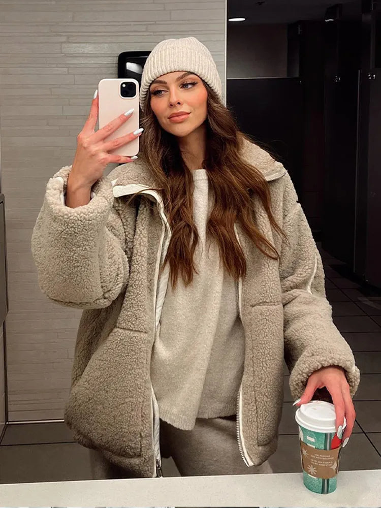 Women’s Coat - Fleece - Oversized Fit - High Collar - Hip Length - Zipper Closure