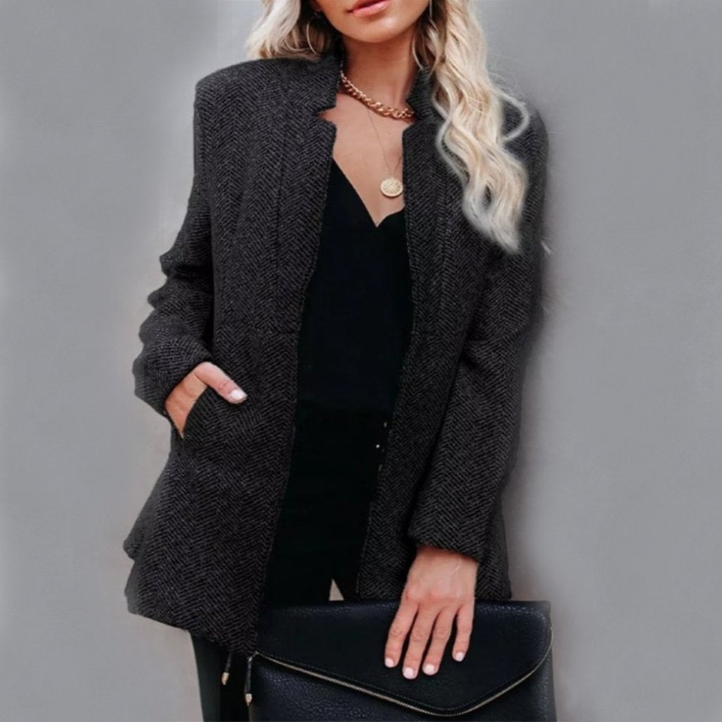 Women's Coat - Structured Design - Stand Collar - Mid-Length - Elegant and Warm