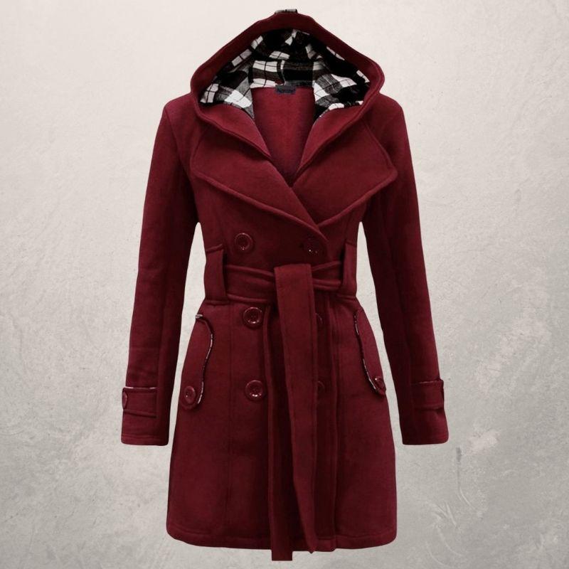 Dame Trenchcoat - Blød Fleece - Dobbelt Rad Knapper - Hætte & Bælte - Elegante Detaljer