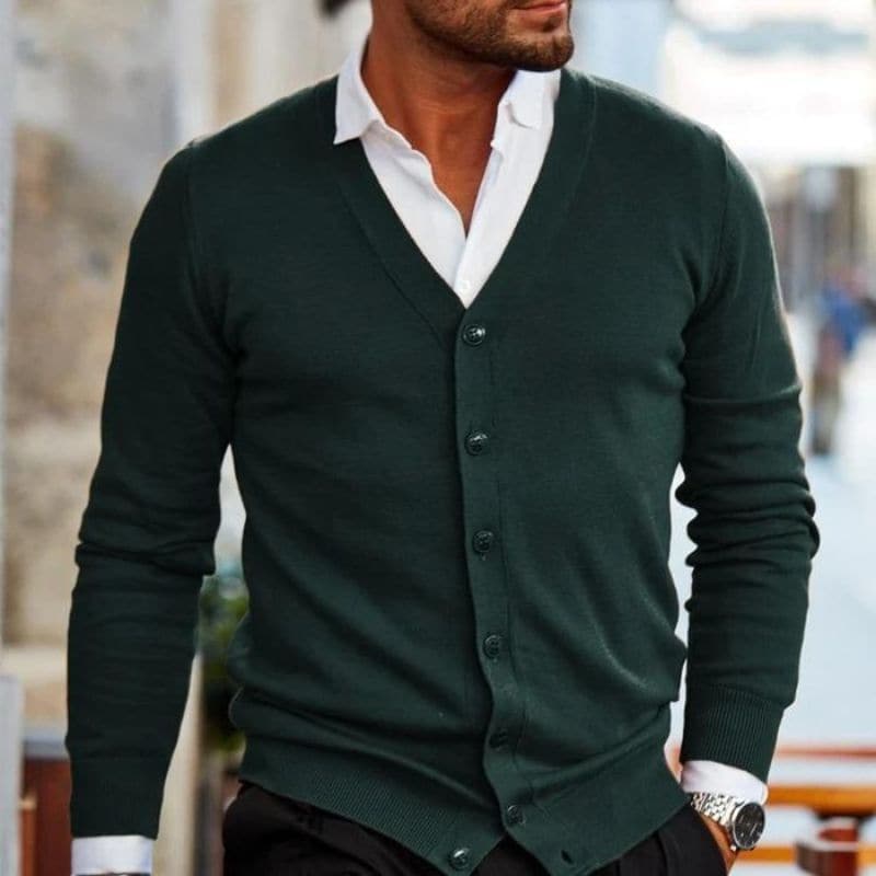 Herre Cardigan - V-hals - Knaplukning - Strikket med Ribkant - Stilren Regular Fit