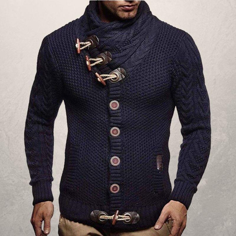 Herre Striktrøje - Høj Krave med Knapper - Kabelstrik - Slim Fit med Frontlommer
